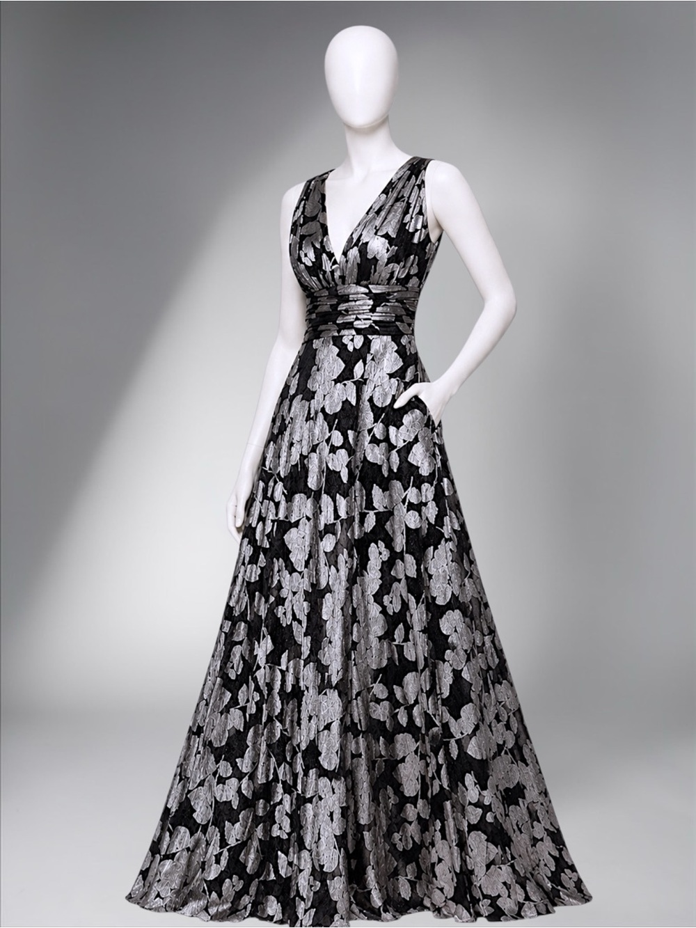BA Nites Foil Crinkle V-Neck Evening Gown - Picture 10 of 16